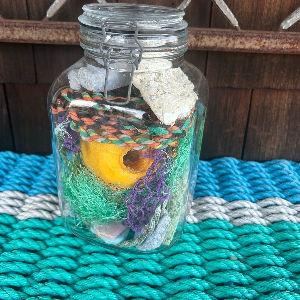 Vintage Glass Jar with Montauk Beach Finds. Sun bleached Buoys, Sea Rope etc